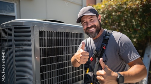 A Male electrician giving a thumbs up Air conditioner repairman working from home photo