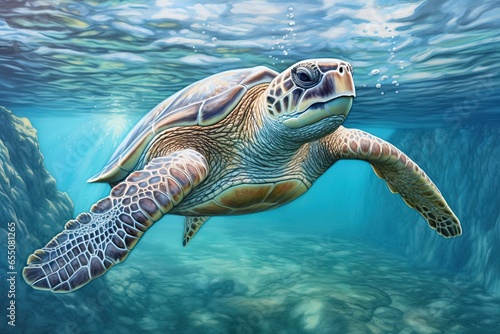 Sea Turtle Drawing: Captivating Underwater Tableau Unveils Graceful Gliding in Crystal-Clear Turquoise Waters, generative AI