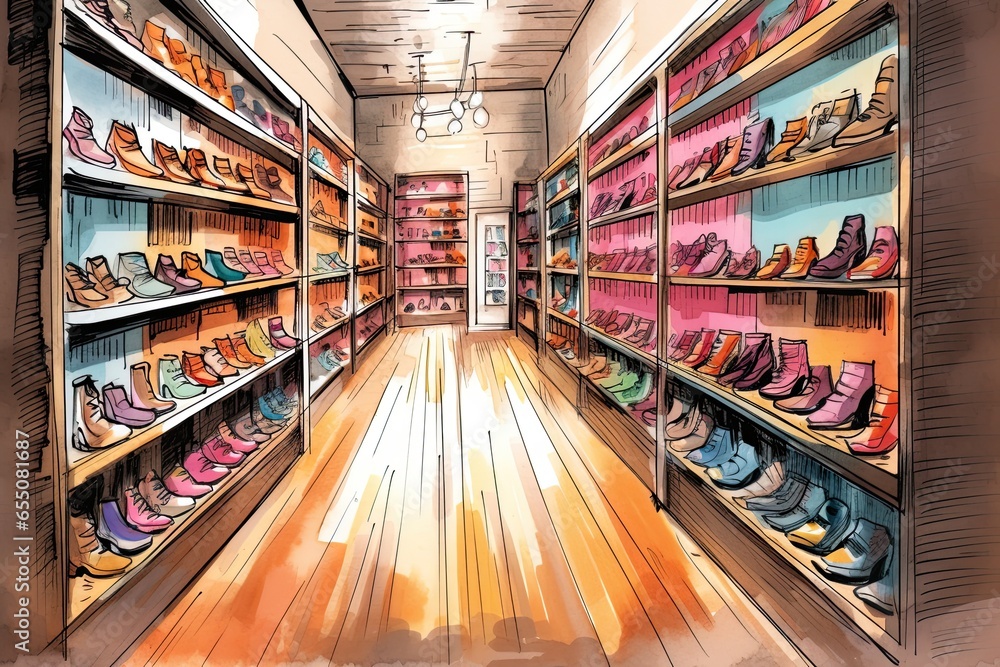 Explore the Latest Trends at a Stylish, Fashionable Shoe Store with a Variety of Designs and Colors on Shelves: Shoe Drawing, generative AI