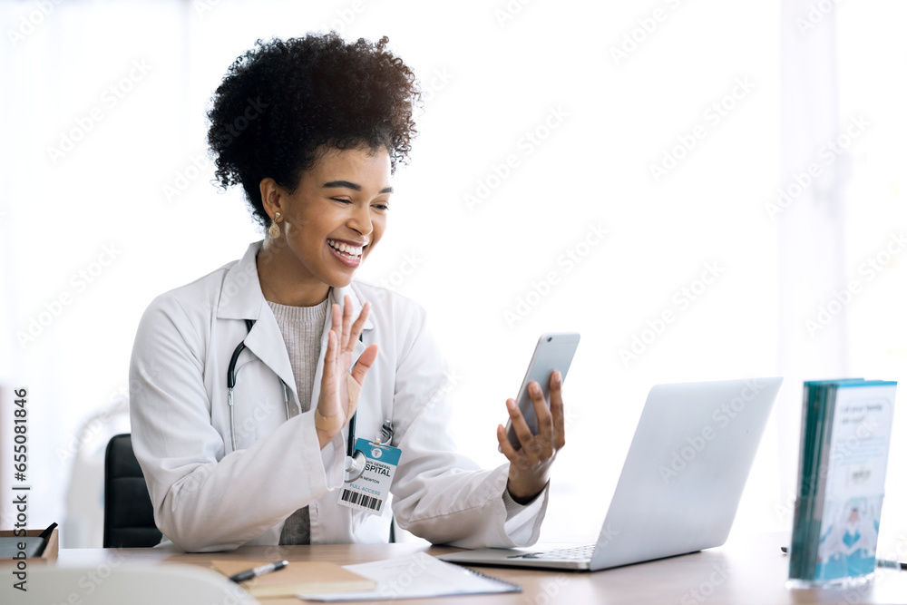 Doctor, woman and video call or phone communication in healthcare, social media or telehealth service at office. Happy african person or medical worker wave hello or talking on mobile voip for advice - obrazy, fototapety, plakaty 
