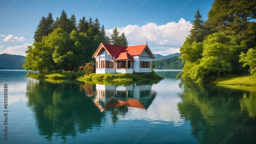 A small white house with a red roof sits on a tiny island in the middle of a lake. The house is surrounded by lush trees and a clear blue sky