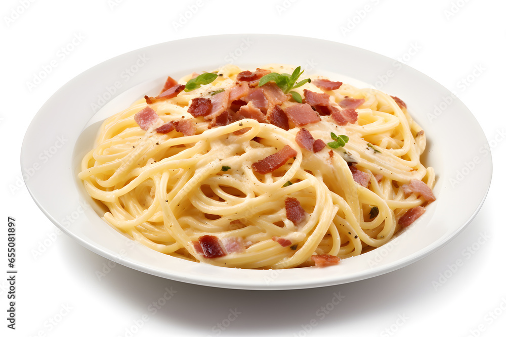 plate of carbonara pasta with bacon isolated on white