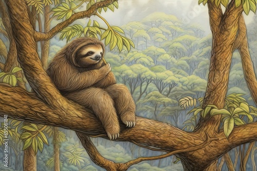 Tranquil Rainforest Scene  Captivating Sloth Drawing Brings Relaxation and Serenity  generative AI