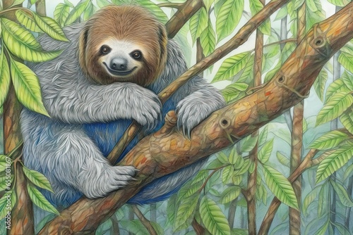 Relaxing Rainforest  A Peaceful Scene of a Sloth Hanging from a Tree Branch in a Serene Sloth Drawing  generative AI