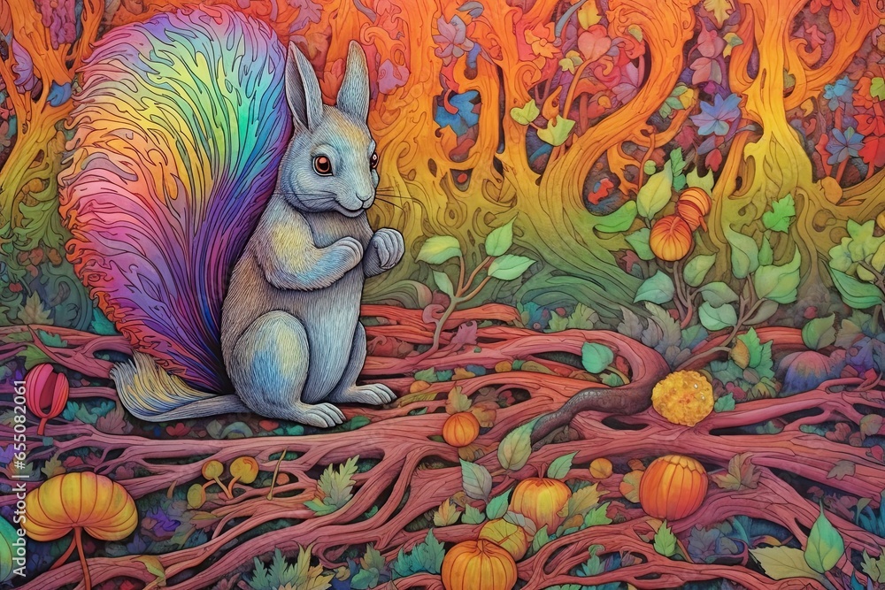 Obraz premium Vibrant Autumn Forest Scene: Playful Squirrels Collecting Acorns amidst Colorful Falling Leaves, generative AI
