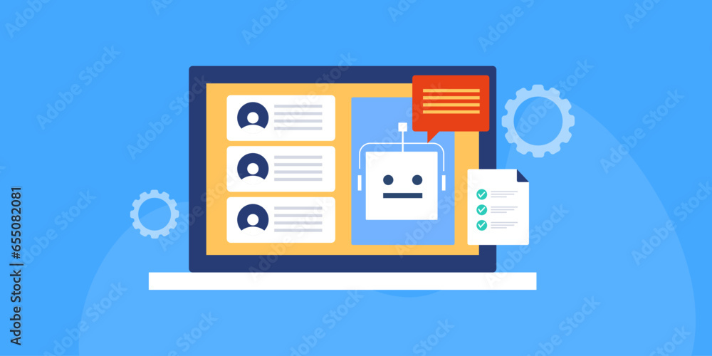 Customer support service automation, chatbot query management communication ai technology, vector illustration web banner. Customer support service automation, chatbot query management communication ai technology, vector illustration web banner.