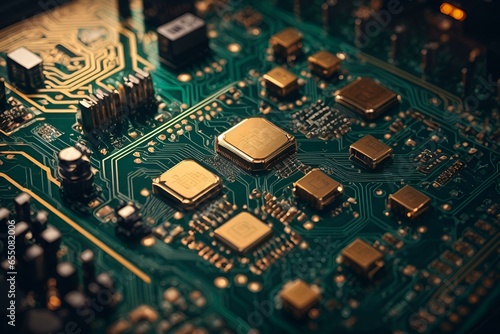 a futuristic circuit board with interconnected geometric components.
