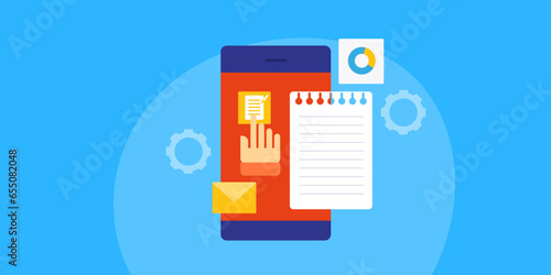 Person using business notepad application on mobile, organising task, message, document on smartphone. Vector illustration web banner. 