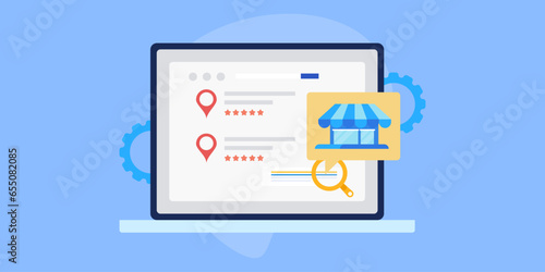 Business location map and review on search engine page, local business optimization and SEO, internet marketing concept, vector illustration.
