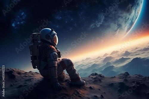 Astronaut sitting outside the world In a spacesuit flying in space on the background of the earth