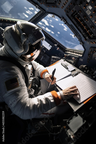 Astronaut sitting in a spaceship In a spacesuit flying in space on the background of the earth