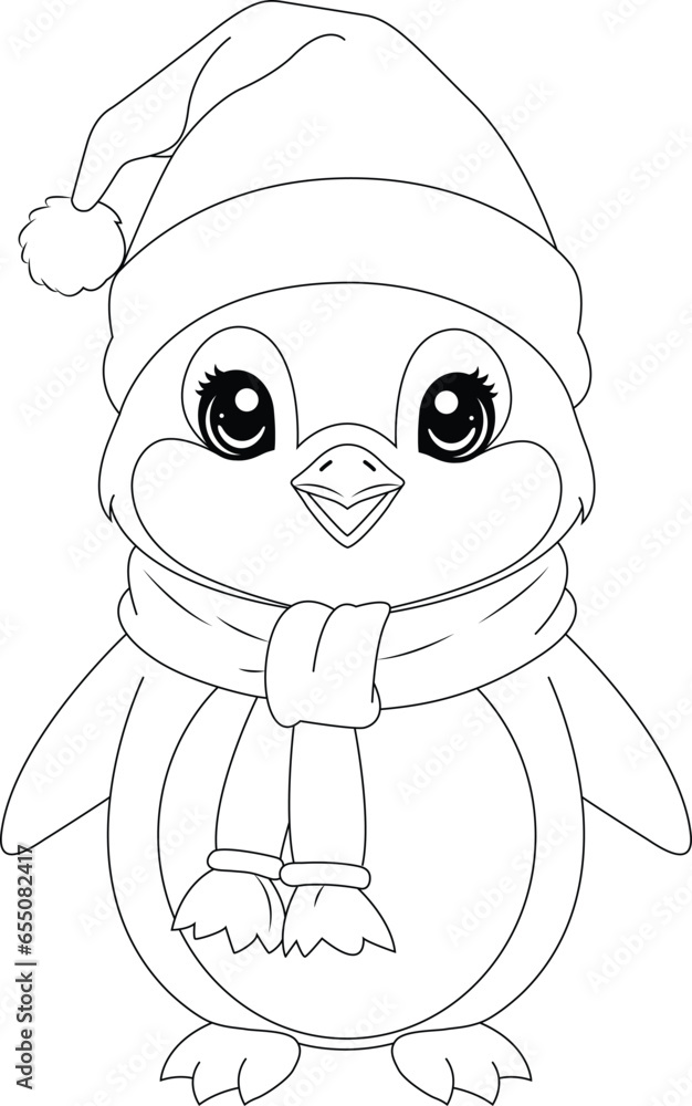 Coloring page a penguin wearing Santa hats and scarves.
