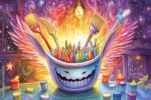 Whimsical Tooth Fairy and Magical Dental Kingdom: A Sparkling Teeth and Colorful Toothbrushes Illustration, generative AI photo