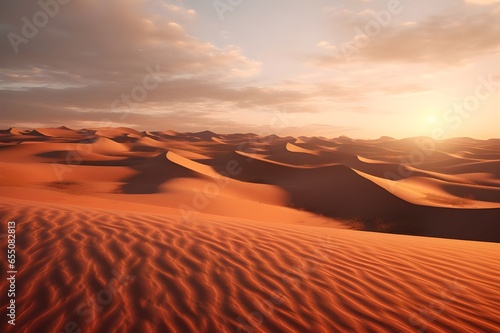 A breathtaking desert dune at sunset  casting long  dramatic shadows.