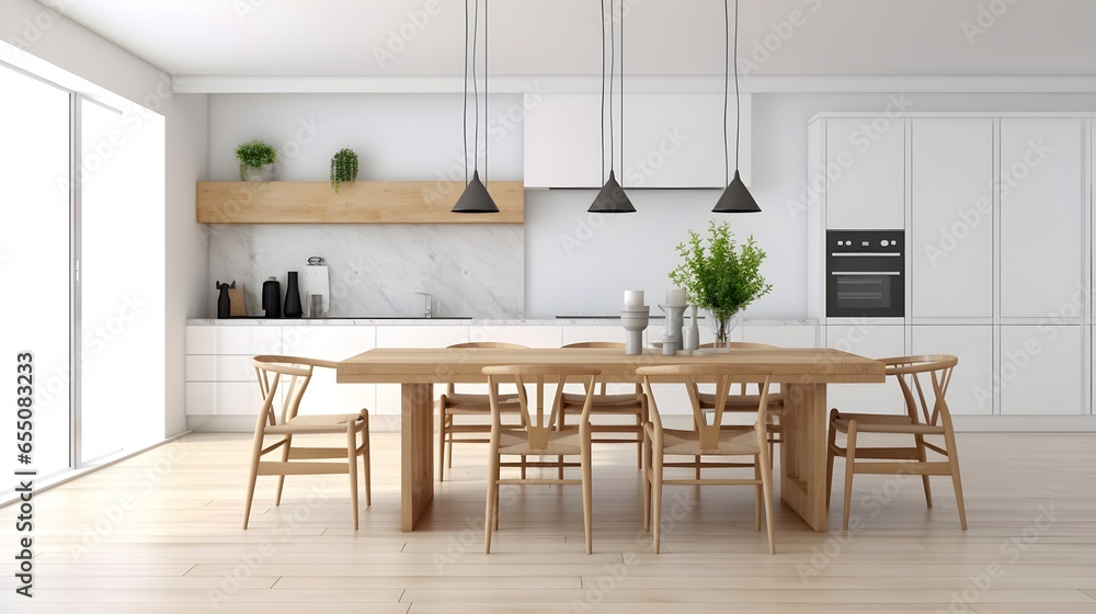 Fototapeta premium modern kitchen with oak wood dining table