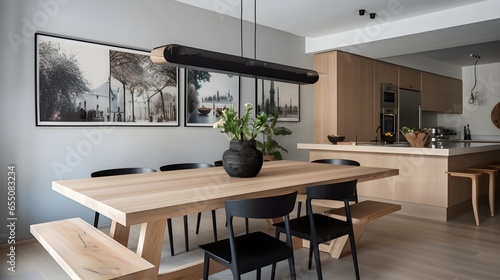 modern kitchen with oak wood dining table