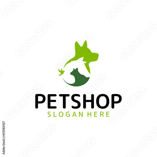 Vector Pet Shop logo design template. Modern animal icon label for store, veterinary clinic, hospital, shelter, Flat illustration background with dog and cat.