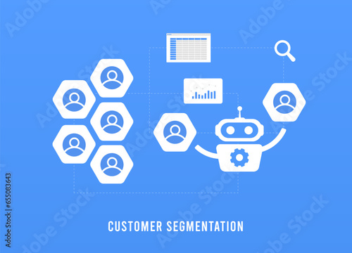 Customer segmentation sorts customers into groups for better digital marketing. AI Market segmentation vector illustration isolated on blue background with icons