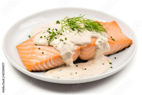 delicious salmon with cream sauce isolated on white