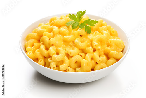 bowl of macaroni cheese isolated on white photo