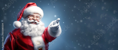 Smiling Santa Claus pointing at blue blank advertising banner background with copy space