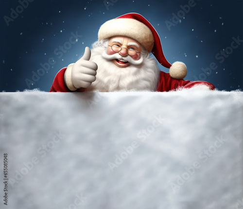 Smiling Santa Claus showing thumbs up, class, bottom blank white advertising banner background with copy space © Рика Тс