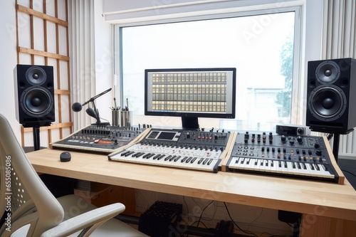  A modern music recording studio control desk in a bright white room
