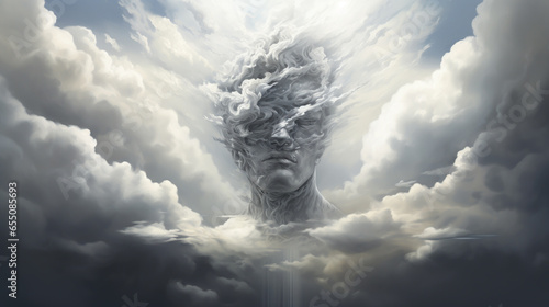 HUMAN SOUL CALMED IN THE CLOUDS SURREAL ILLUSTRATION. AI generated