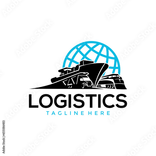 Illustration of logistics and express delivery company logo design template truck, train, cargo ship, global shipping silhouette vector company