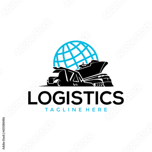 Illustration of logistics and express delivery company logo design template truck, train, cargo ship, global shipping silhouette vector company
