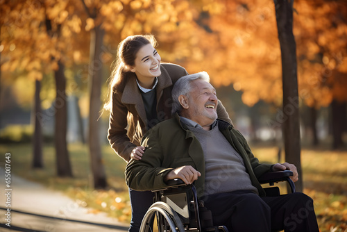 Happy daughter pushing senior man in wheelchair outdoor in autumn park photo