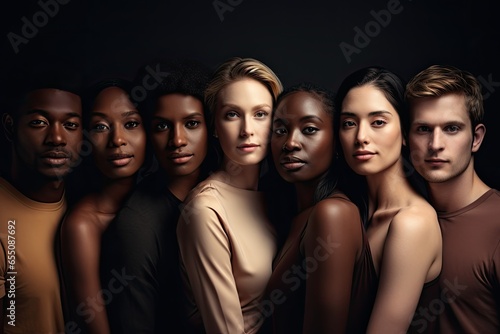 People with different skin colors against black backgrouund. Concept of diversity and equality   ai generative