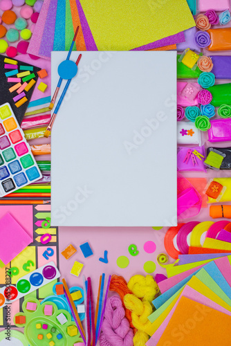 Mock up white and girly art and handmade items. Colorful girly art upplies with empty mock up.
