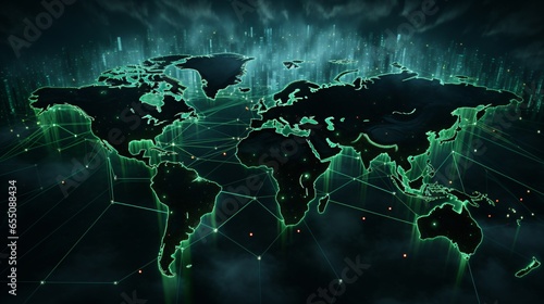 Explore the green world map adorned with a captivating glow of the global network light.	 #655088434