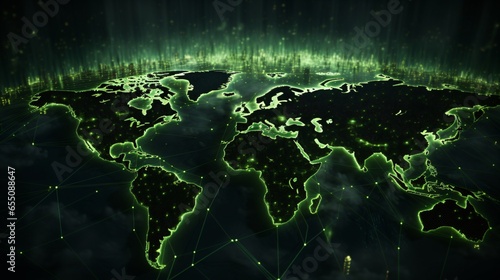 Explore the green world map adorned with a captivating glow of the global network light. 
