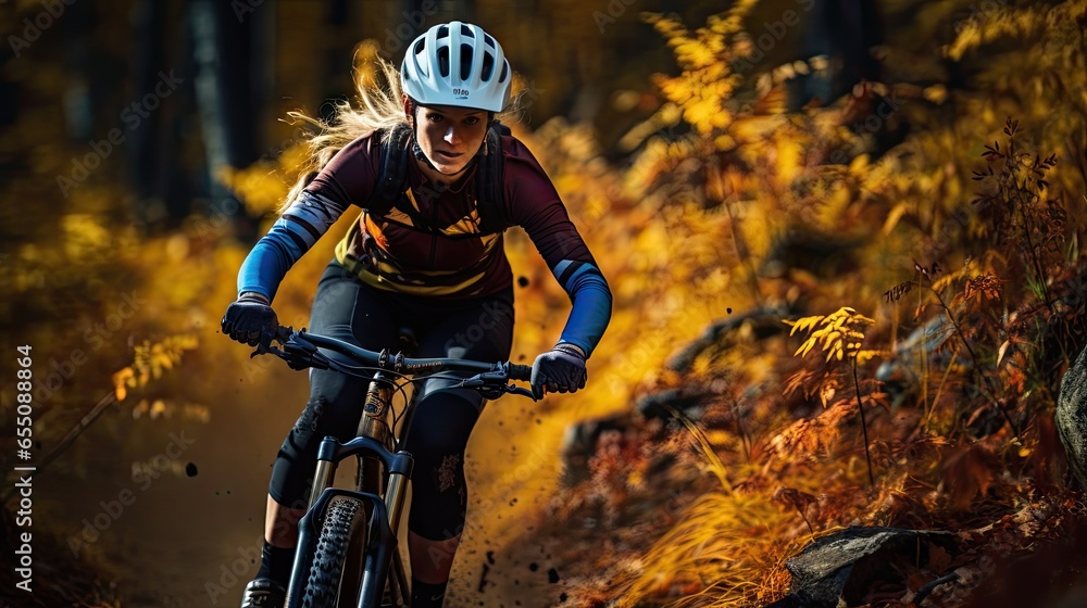 Woman riding a mountain bike rides a bicycle in a mountain forest with colorful leaves.