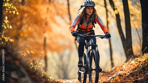 Woman riding a mountain bike rides a bicycle in a mountain forest with colorful leaves. © somchai20162516