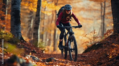 Woman riding a mountain bike rides a bicycle in a mountain forest with colorful leaves.