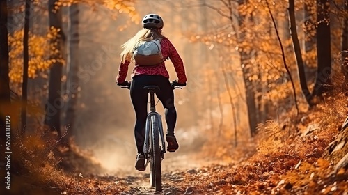 Woman riding a mountain bike rides a bicycle in a mountain forest with colorful leaves. © somchai20162516