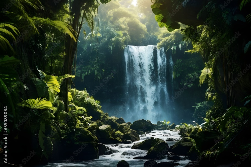 A captivating shot of a cascading waterfall framed by lush, tropical foliage.