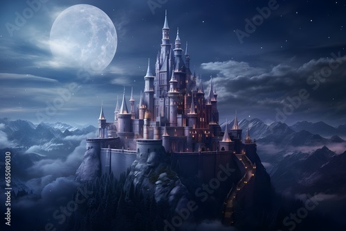A magical, fairytale-like shot of a castle illuminated by the soft glow of twilight.
