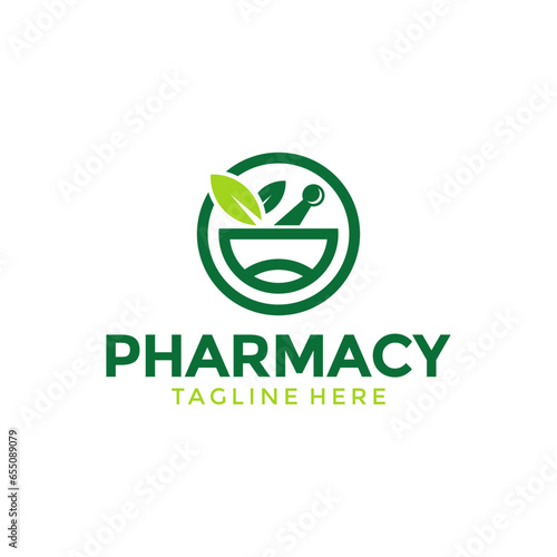 pharmacy logo circle smile vector . illustration of herbal leaves of mortar and pestle for pharmacies, medicine and herbal shop and clinic design template