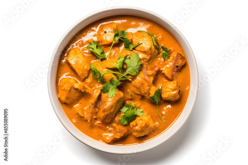 Delicious Bowl of Indian Chicken Korma Curry Isolated on a white Background