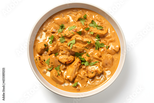 Delicious Bowl of Indian Chicken Korma Curry Isolated on a white Background