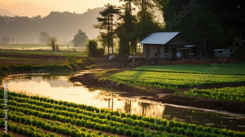 Small Thai style house In the middle of an agricultural farm Vegetable plot with rice fields Surrounded by a river at sunset