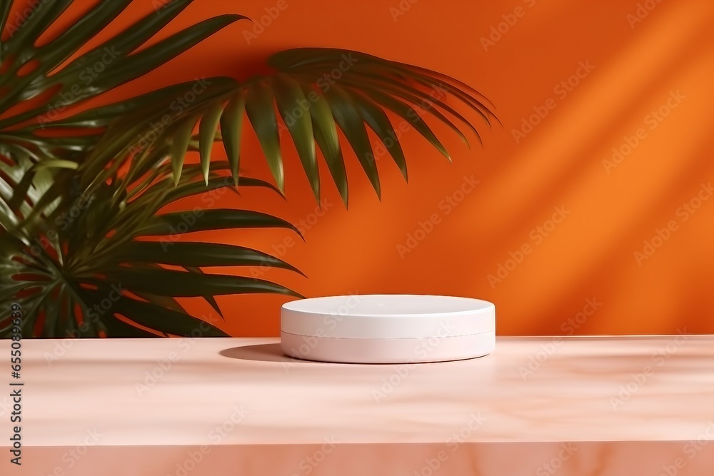 3D pedestal podium, orange background with palm tree leaves shadow. Summer holiday beauty, cosmetics, product platform display mockup. Natural 3D render Halloween, autumn minimal trendy, generative ai 3D pedestal podium, orange background with palm tree leaves shadow. Summer holiday beauty, cosmetics, product platform display mockup. Natural 3D render Halloween, autumn minimal trendy, generative ai