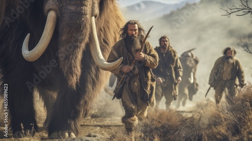 A group of neandertal men with long tusks walking down a dirt road with a mammoth. Generative AI. photo