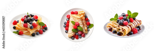 Set of Delicious Plate of Crepes with Berries Isolated on transparent or white Background