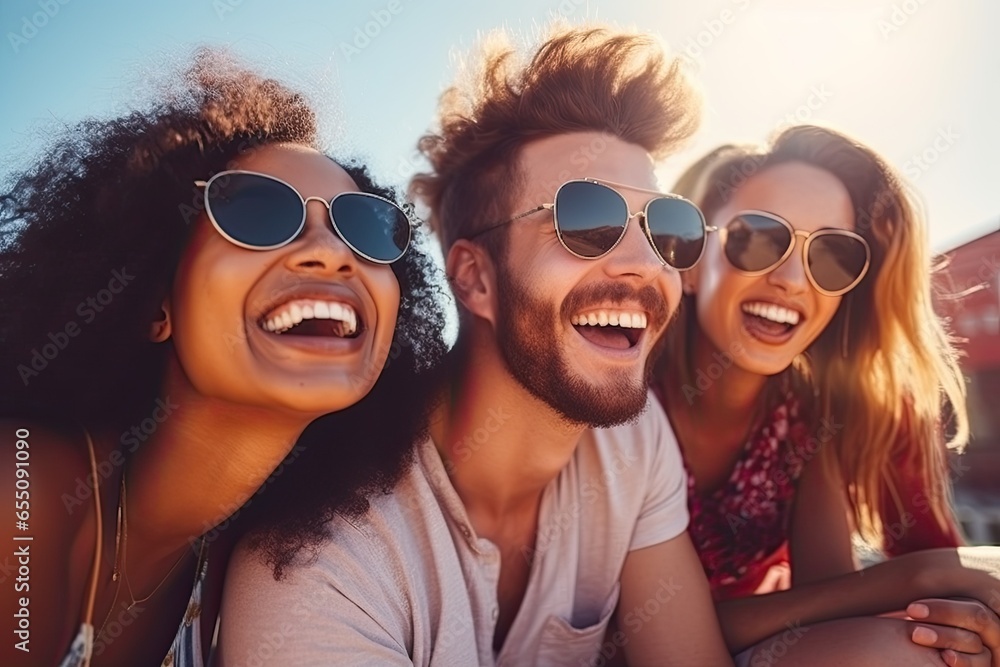 Young group of diverse friends having fun in a sunny day. Multiracial best friends enjoying time together outdoors, ai generative Young group of diverse friends having fun in a sunny day. Multiracial best friends enjoying time together outdoors, ai generative