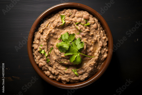 refried beans in a bowl, studio shot photo